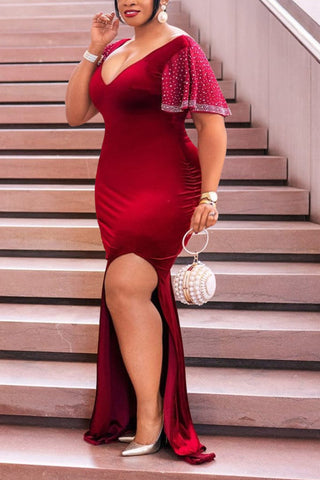 Online-clothing-plus-size-plain-dresses-ruffle-sleeves-hot-drilling-maxi-dress