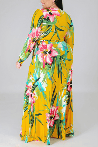 Fashion Casual Plus Size V Neck Flower Print Dress