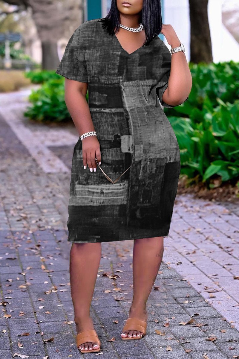 Rodress-freeshipping-plus-size-v-neck-print-pocket-dress