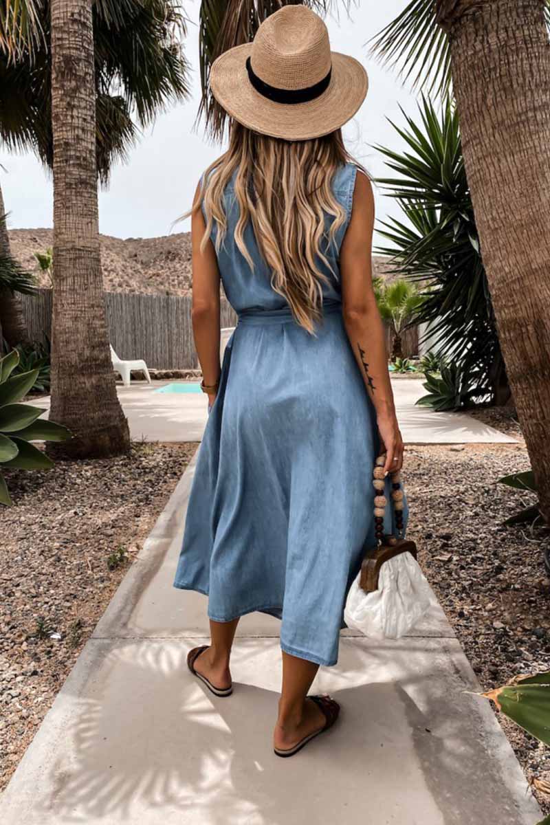 Sleeveless Lace-Up Single-Breasted Denim Midi Dress