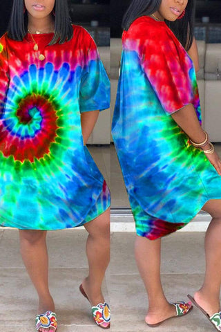 Fashion Tie-Dyed Print Short-Sleeved Irregular Dress