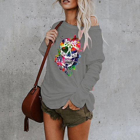 Halloween Undead Skull Print Irregular T-shirt