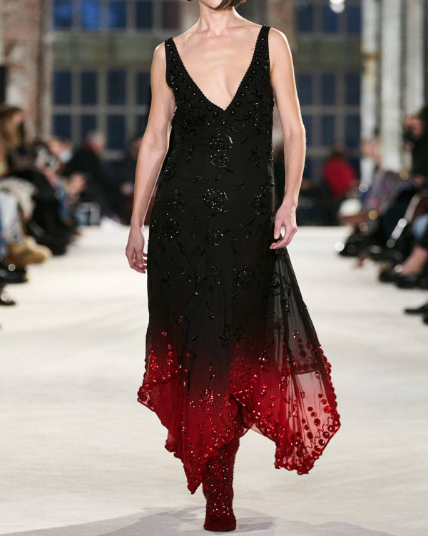 Free-shipping-online-clothing-black-floral-print-gradient-v-neck-asymmetric-hem-dress-202400306358