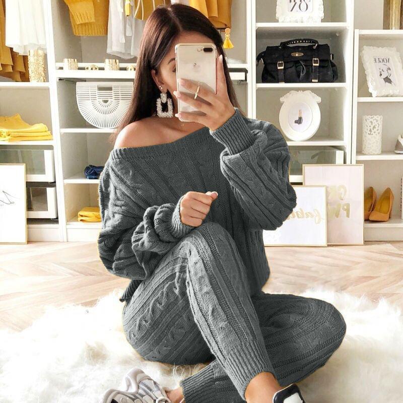 Free-shipping-online-clothing-plus-size-solid-long-sleeve-sweater-pants-two-pieces-set