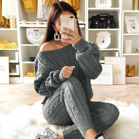 Free-shipping-online-clothing-plus-size-solid-long-sleeve-sweater-pants-two-pieces-set