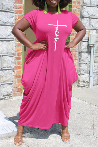Online-clothing-plus-size-pink-irregular-pattern-print-round-neck-maxi-dress