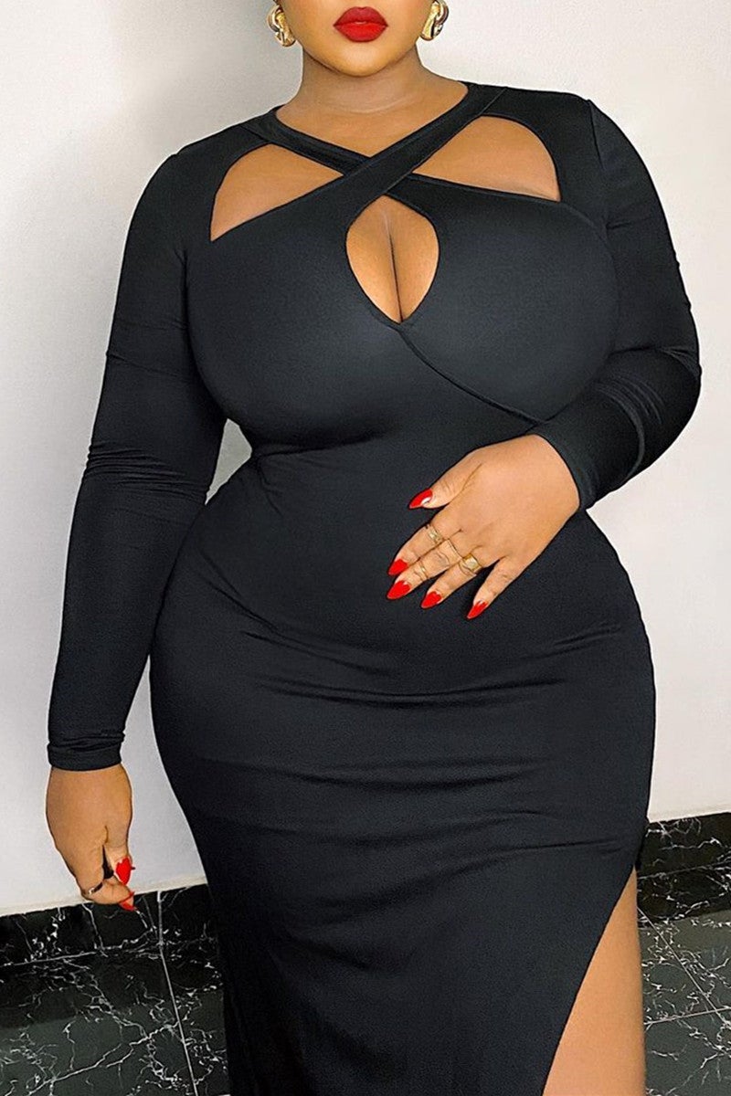 Plus Size Hollow Cross Split Joint Bodycon Little Black Maxi Dress
