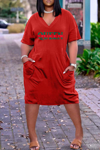 Plus Size Casual Graphic Basic V Neck Short Sleeve Midi Dress(Ships 2/20)