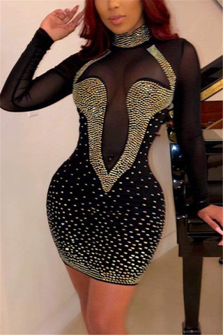 Sexy Mesh perspective Irregular rhinestone Dress