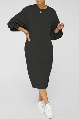 Online-clothing-plus-size-plain-midi-dresses-lantern-sleeve-sweater