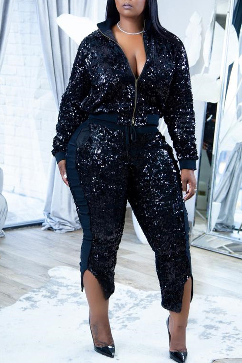 Free-shipping-online-clothing-pre-sale-plus-size-sequin-long-sleeve-jacket-front-slit-pants-two-pieces-set