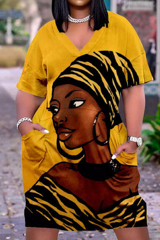 Plus Size V Neck Short Sleeve Cute Black Girl Print Midi Dress-Red
