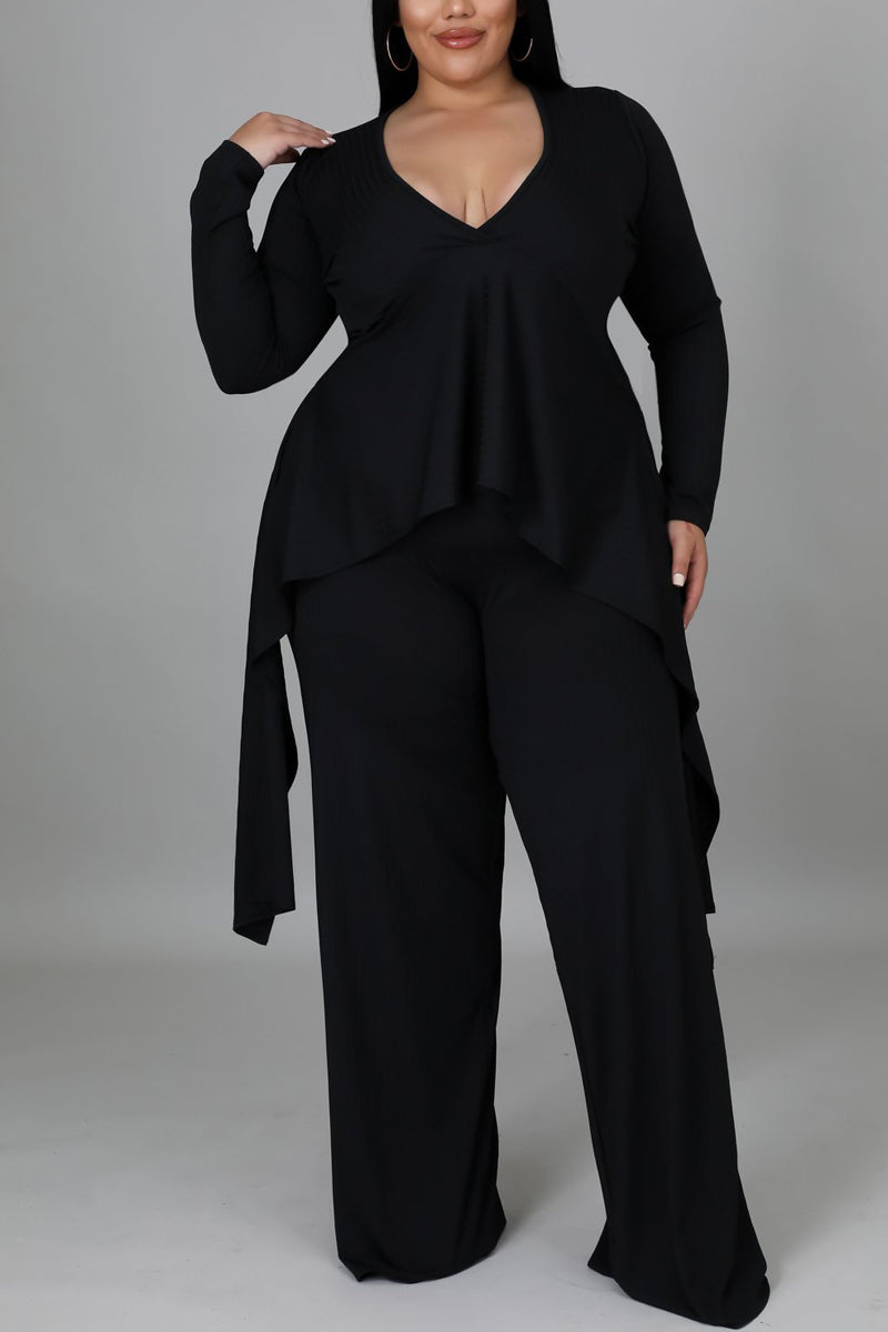 Plus Size Asymmetrical Top V Neck Long Sleeve Wide Leg Pants Two Pieces Set