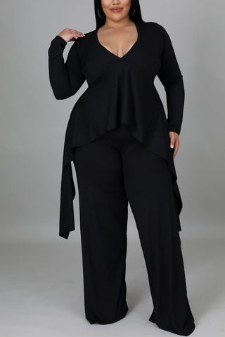 Plus Size Asymmetrical Top V Neck Long Sleeve Wide Leg Pants Two Pieces Set