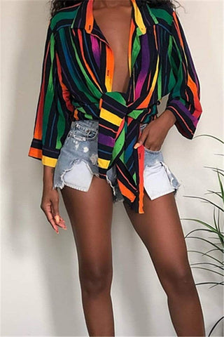 Fashion Rainbow Striped Shirt Dress