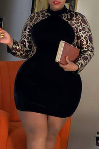 Plus Size Leopard Print Little Black Party Mini Dress