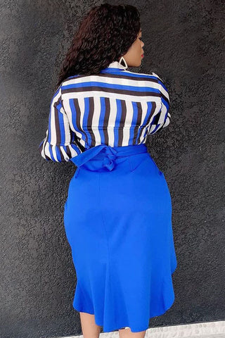 Online-clothing-plus-size-elegant-blue-stripe-patchwork-flare-sleeve-midi-dress