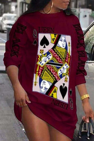 Plus Size Poker Letter Print Long Sleeve Casual Dress