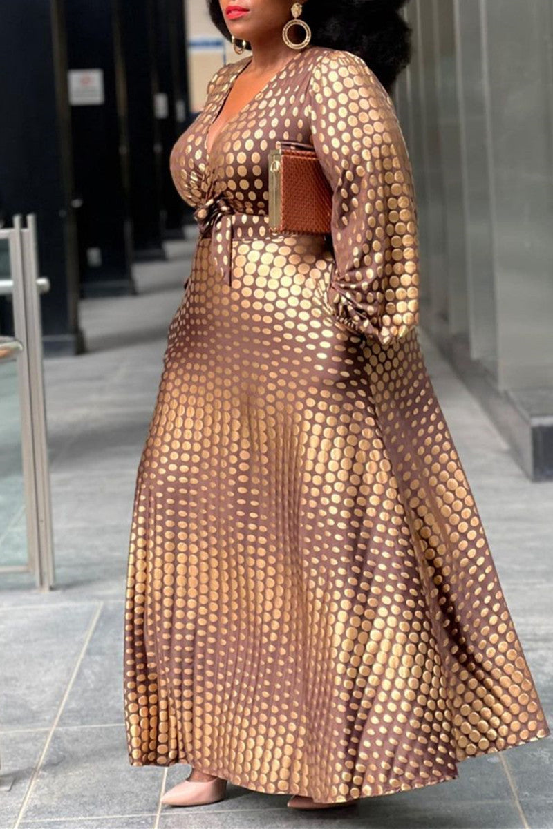 Online-clothing-plus-size-long-sleeve-v-neck-dot-print-maxi-dress
