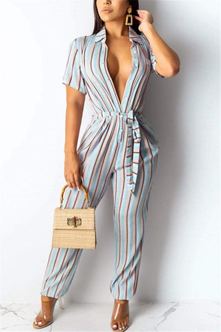 Fashion Stripe Print Short-Sleeved Jumpsuit