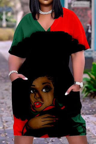 Plus Size V Neck Short Sleeve Cute Black Girl Print Midi Dress-Red
