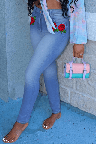 Fashion Casual Skinny Flower Print Jeans
