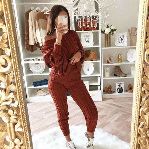 Plus Size Solid Long Sleeve Sweater Pants Two Pieces Set
