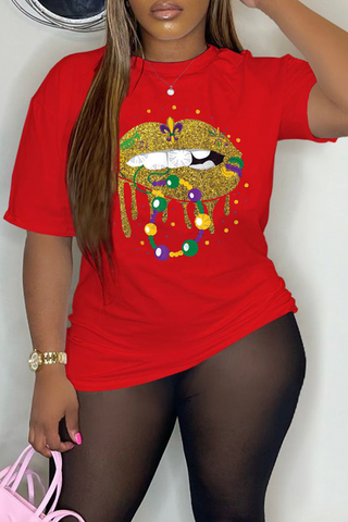 Party Vintage Lips Printed Patchwork O Neck T-Shirts