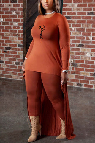Plus Size Casual Print Split Joint Asymmetrical O Neck Two Pieces