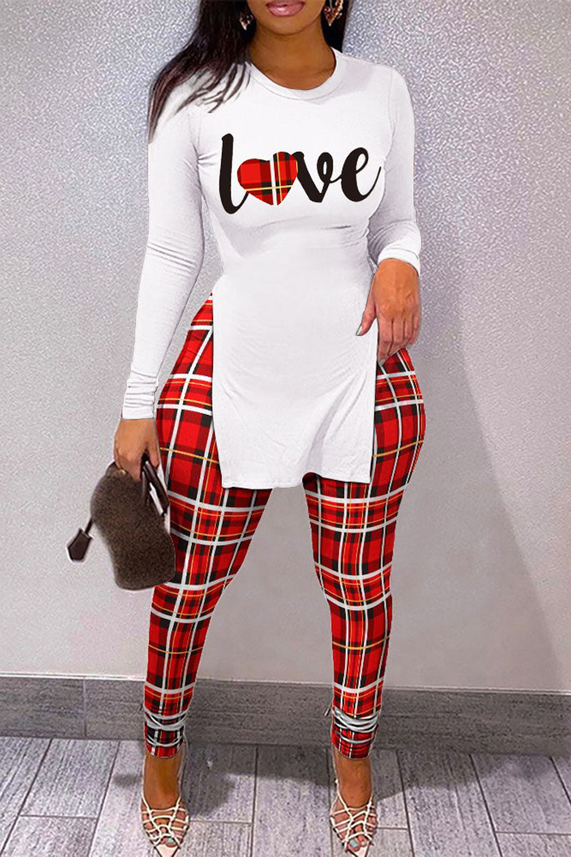 Plus Size Casual Round Neck Plaid Print Pant Set