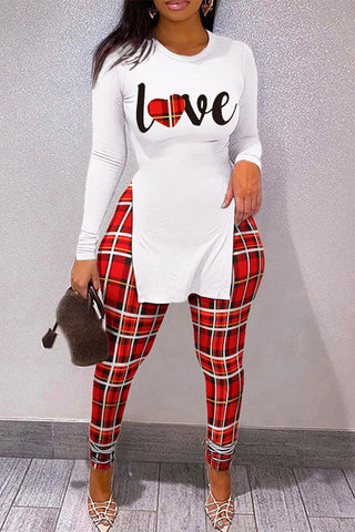 Plus Size Casual Round Neck Plaid Print Pant Set