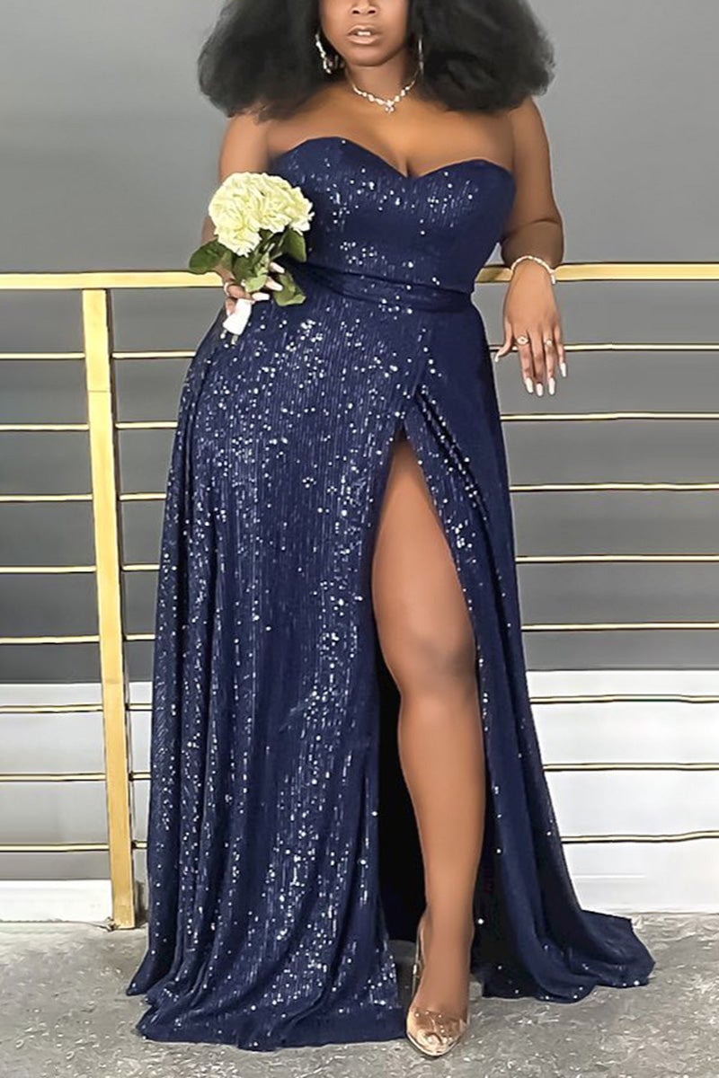 Plus Size Solid Split Joint Sequin Off Shoulder Maxi Dress
