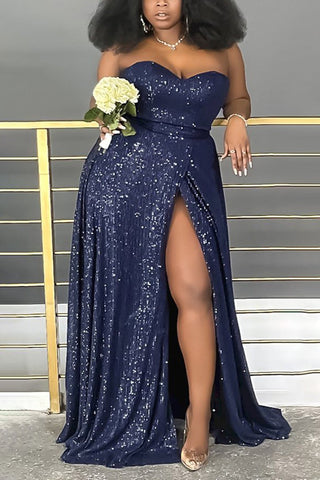 Plus Size Solid Split Joint Sequin Off Shoulder Maxi Dress