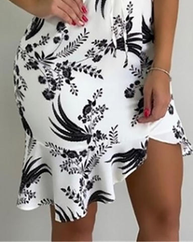 V-neck Print Eyelet Lace-up Ruffles Dress