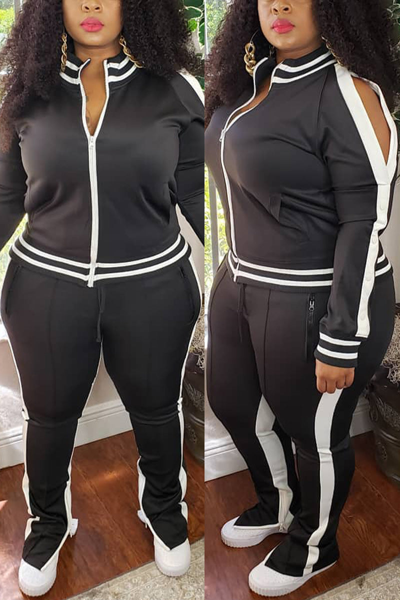 Free-shipping-online-clothing-plus-size-cold-shoulder-striped-top-slit-sweatpants-jogger-outfit-matching-set
