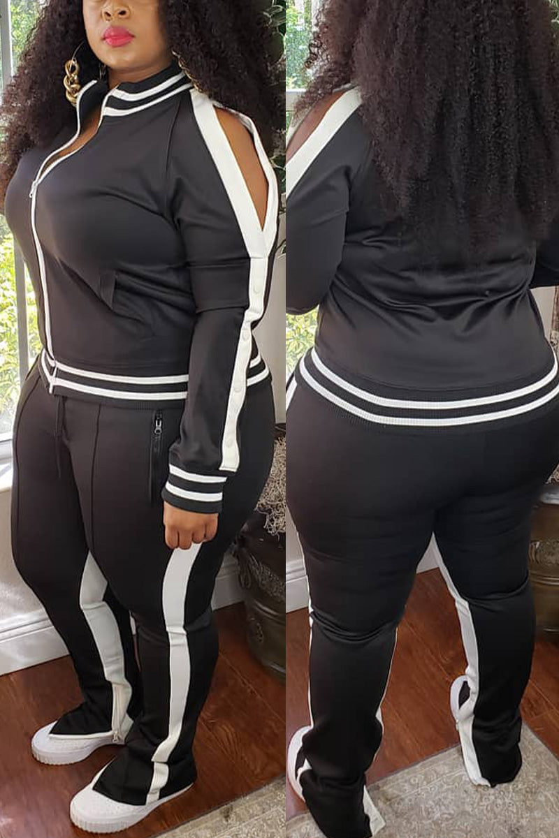 Free-shipping-online-clothing-plus-size-cold-shoulder-striped-top-slit-sweatpants-jogger-outfit-matching-set
