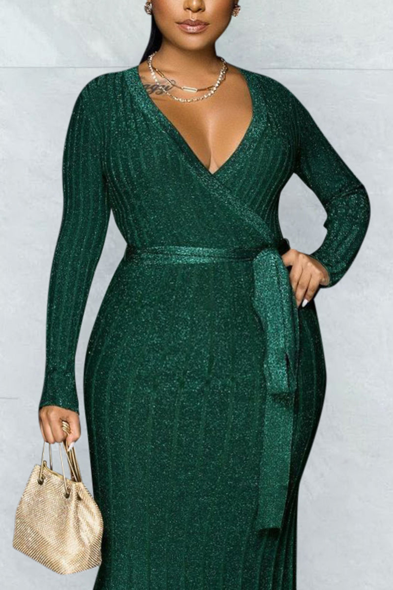 Online-clothing-plus-size-solid-v-neck-bandage-midi-dress