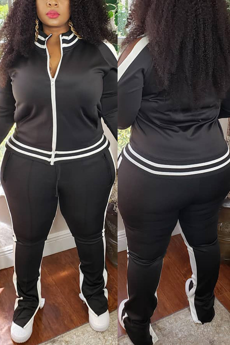 Free-shipping-online-clothing-plus-size-cold-shoulder-striped-top-slit-sweatpants-jogger-outfit-matching-set