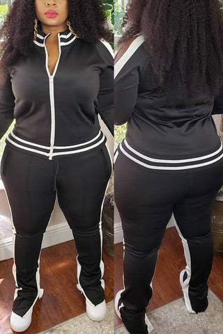 Plus Size Cold Shoulder Striped Top Slit Sweatpants Jogger Outfit Matching Set