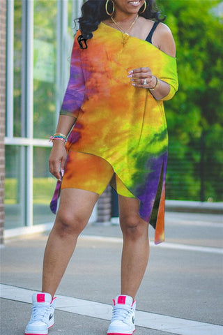 Skew Neck Tie Dye Side Slit Top & Shorts