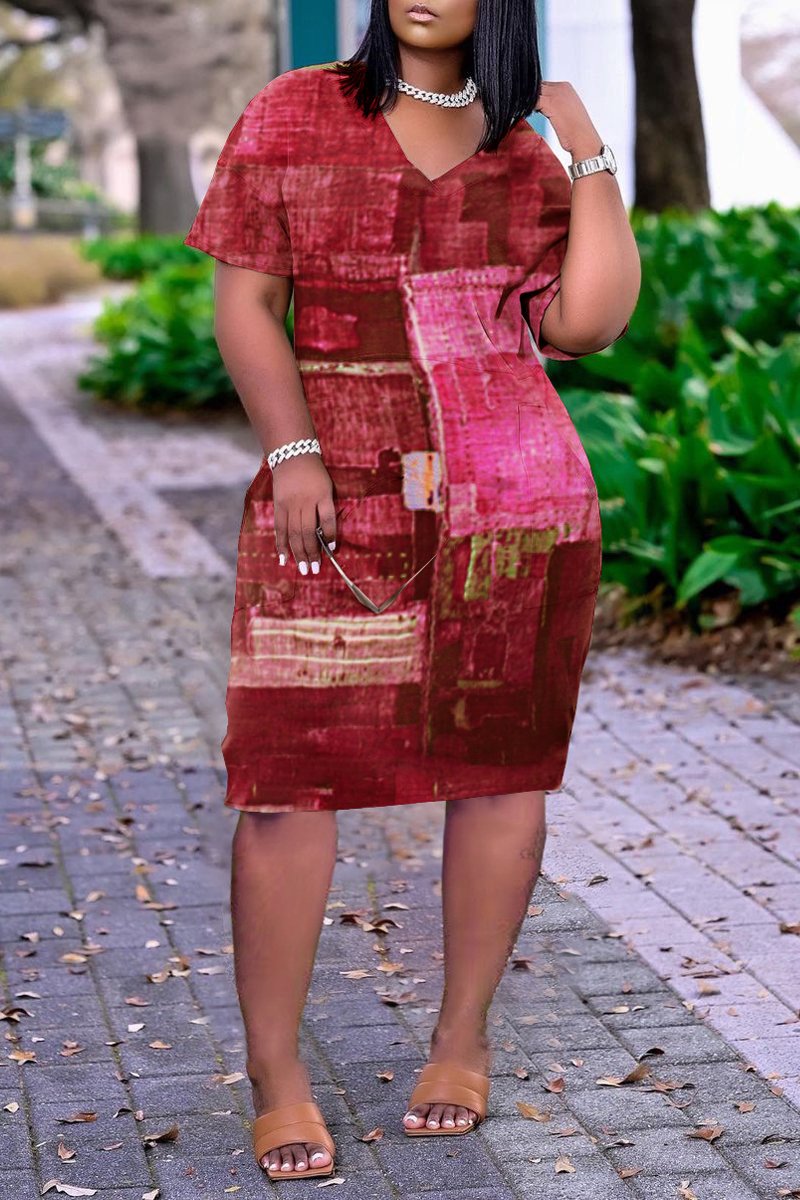 Rodress-freeshipping-plus-size-v-neck-print-pocket-dress