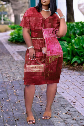 Rodress-freeshipping-plus-size-v-neck-print-pocket-dress