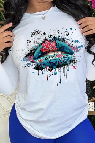 Casual Lips Printed Patchwork O Neck Tops