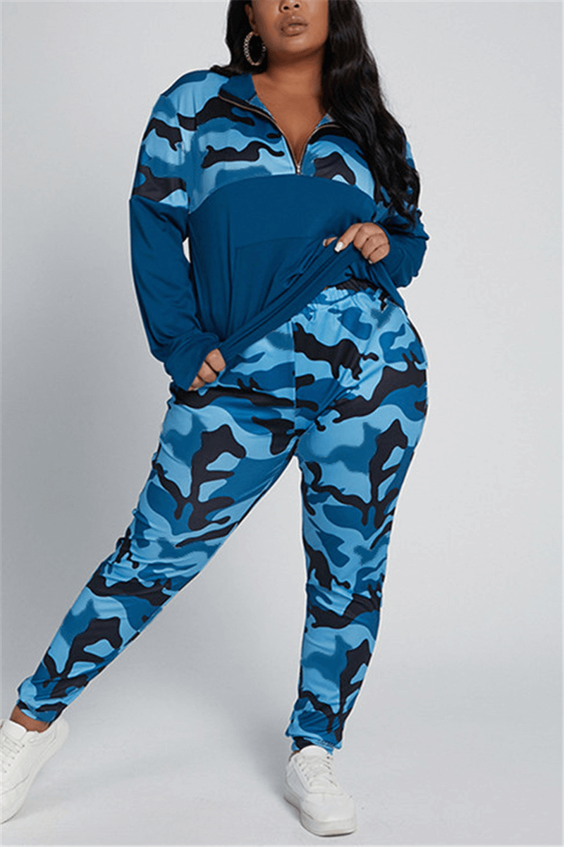 Fashion Casual Zipper Camouflage Print Two Pieces
