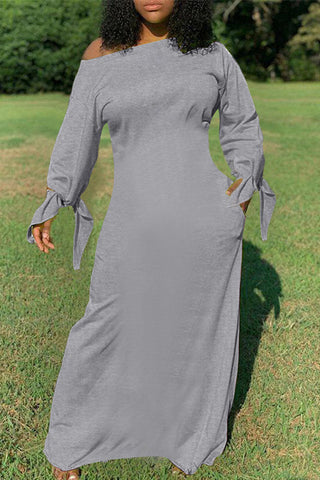 Plus Size Casual Solid One Shoulder Long Sleeves Knotted Maxi Dress