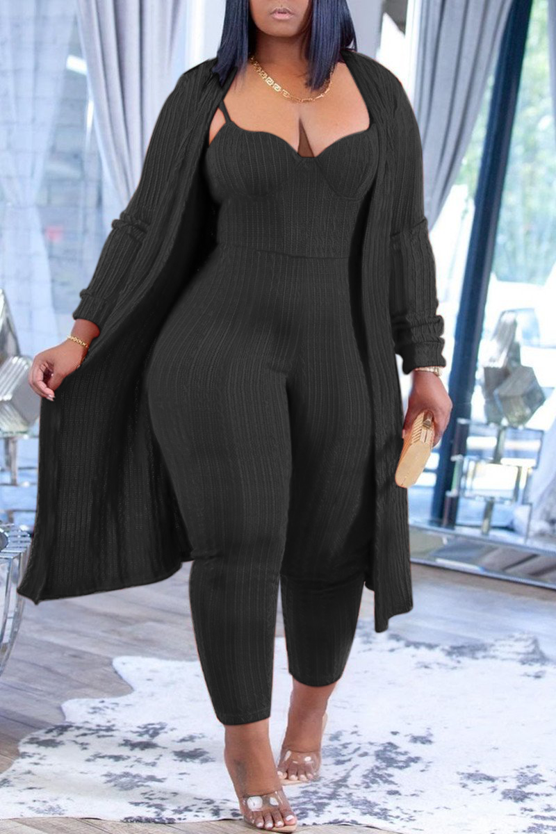 Free-shipping-online-clothing-pre-sale-plus-size-casual-solid-knit-cami-jumpsuit-midi-cardigan-two-piece-set