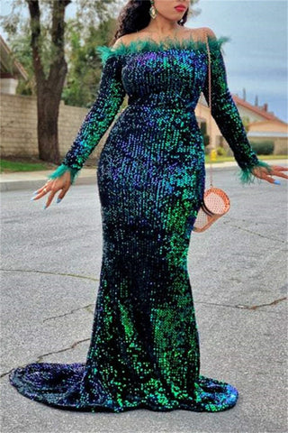 Plus Size Feather Sequin Off Shoulder Bodycon Trailing Maxi Dress