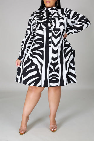 Plus Size Full Print O Neck Shirt Long Sleeve Midi Dress
