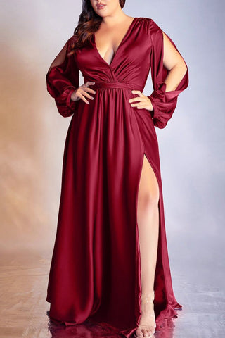 Plus Size Long Sleeve Satin V-neck Maxi Dress