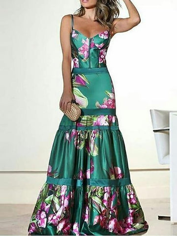 Women's Sheath Dress Maxi Long Dress Green Sleeveless Floral Patchwork Print Spring Summer Casual 2021 S M L XL XXL 3XL